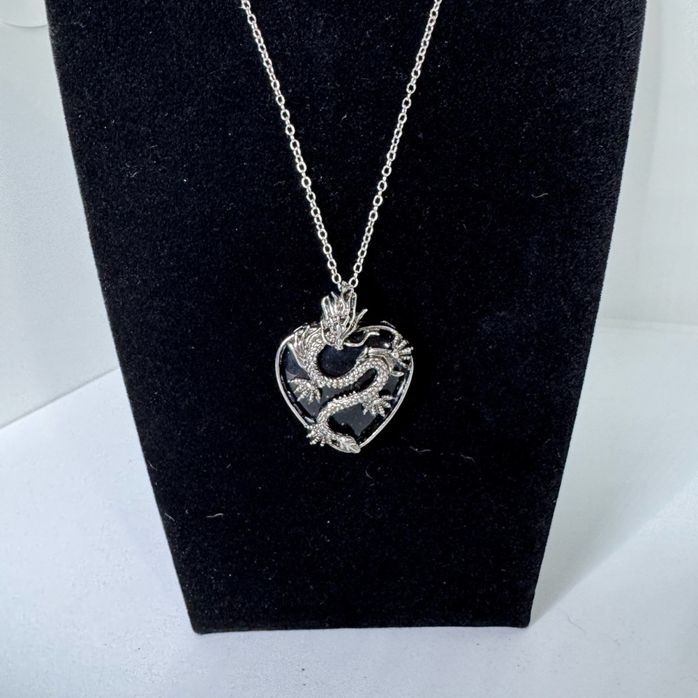 Silver Dragon Heart Pendant Necklace